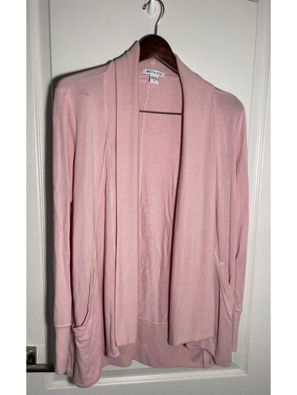 Athleta Small shawl collar long cardigan yoga coverup rose pink high/low hem